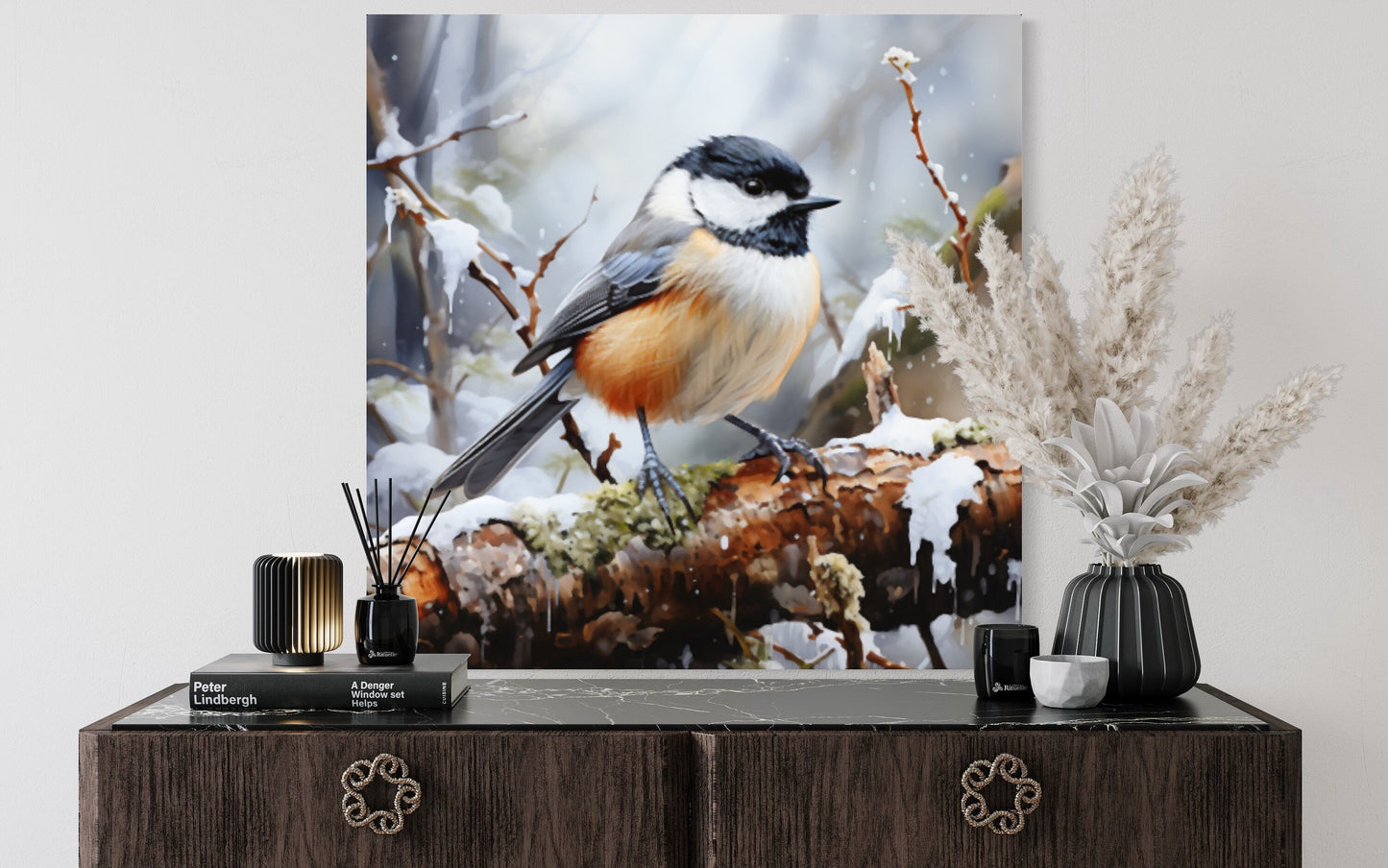Chickadee In Snow Framed Canvas Wall Art