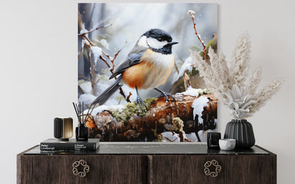 Chickadee In Snow Framed Canvas Wall Art