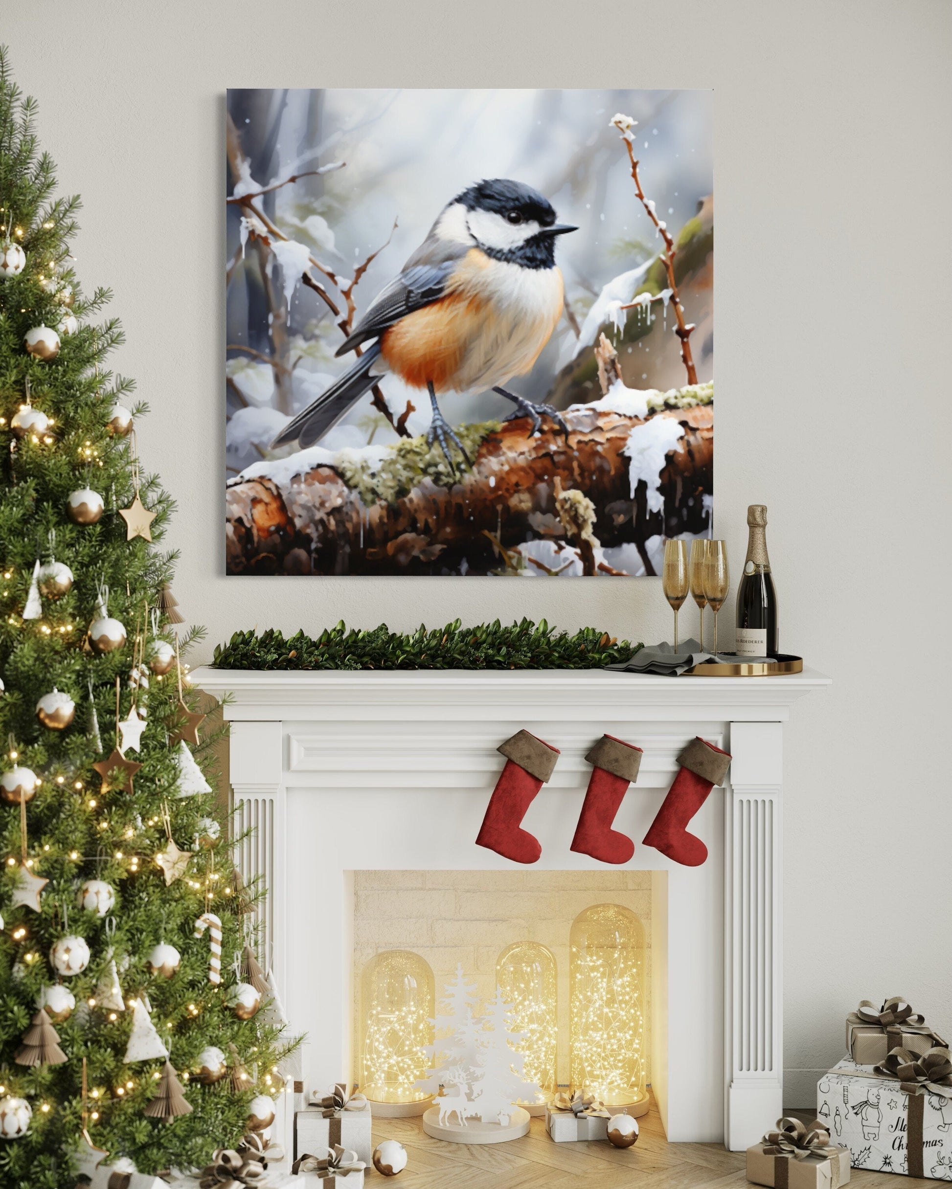 Chickadee In Snow Framed Canvas Wall Art