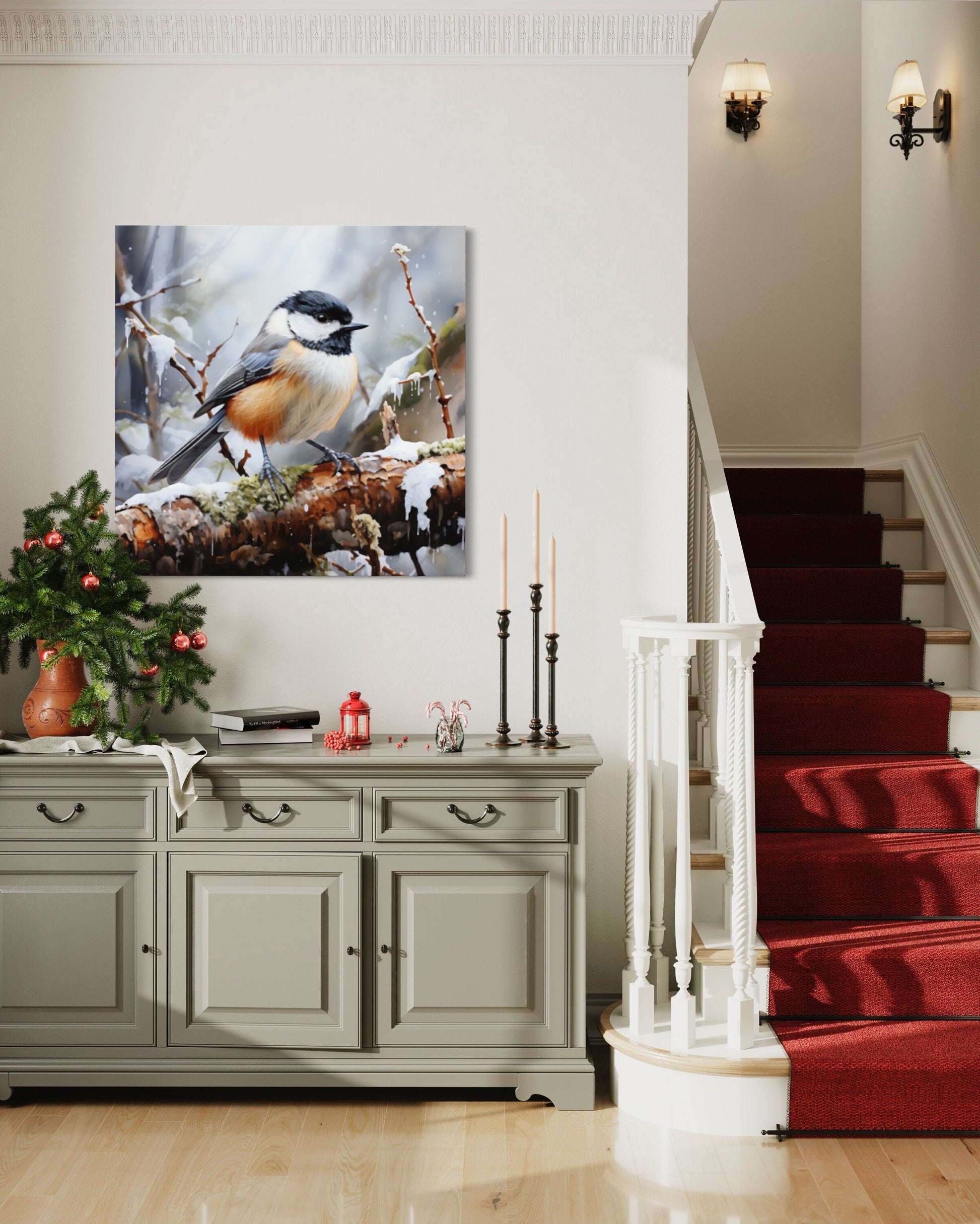 Chickadee In Snow Framed Canvas Wall Art