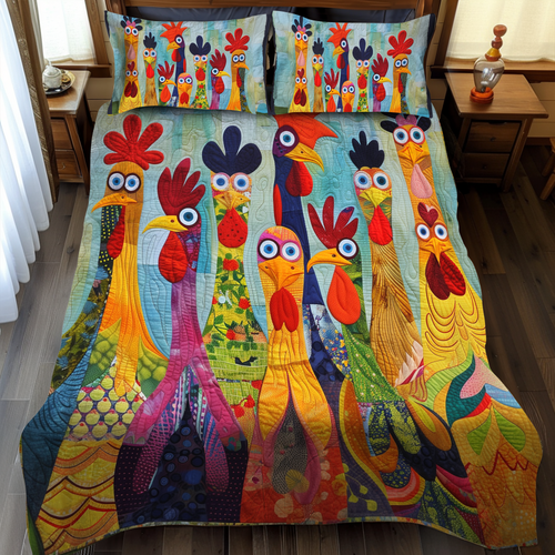 Chicken Vibrant Village 3-Piece Quilted Bedding Set - Single (59" x 70")