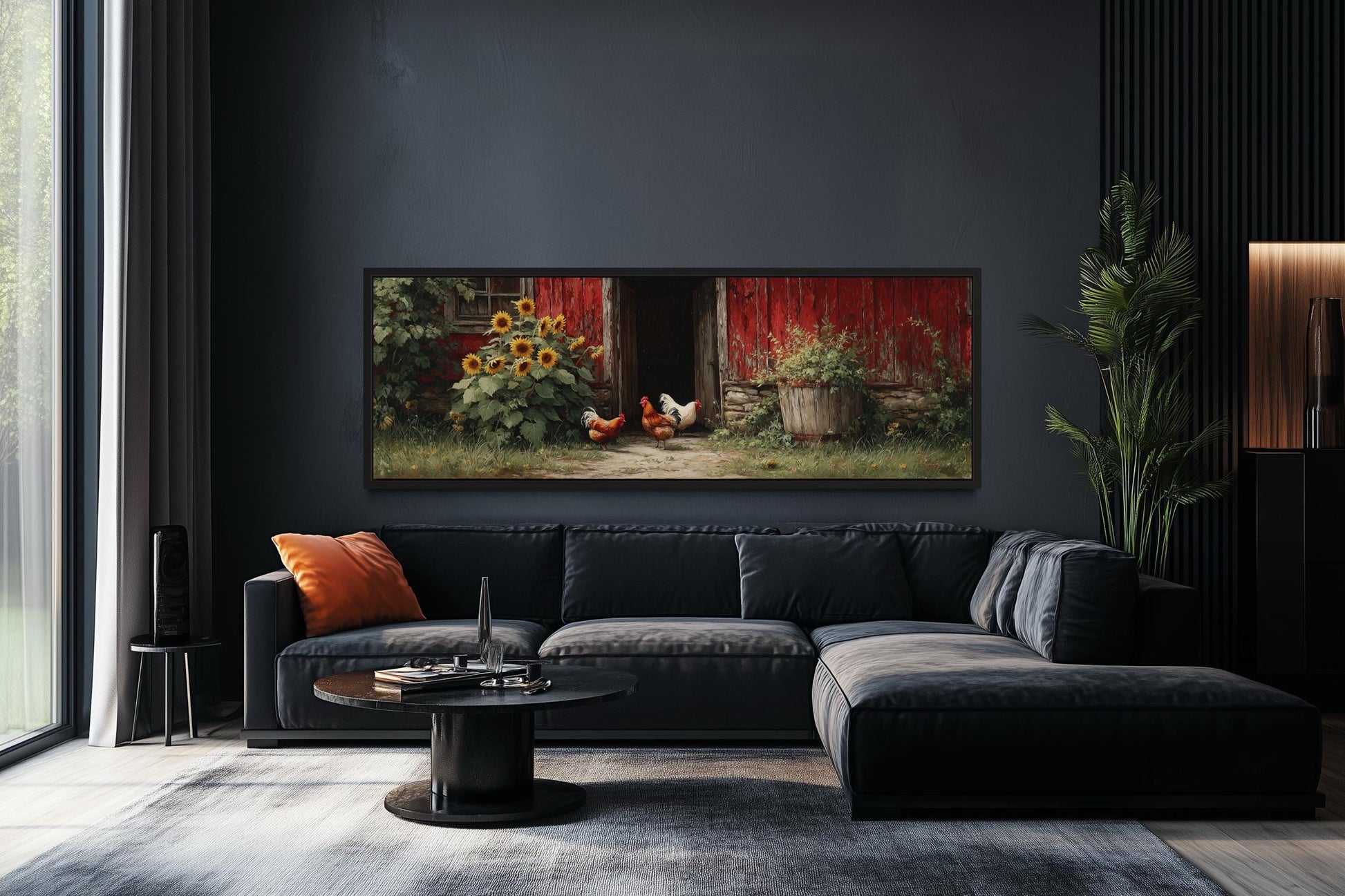 Chickens And Rooster Canvas Print with Sunflowers - Rustic Farmhouse Wall Art Decor