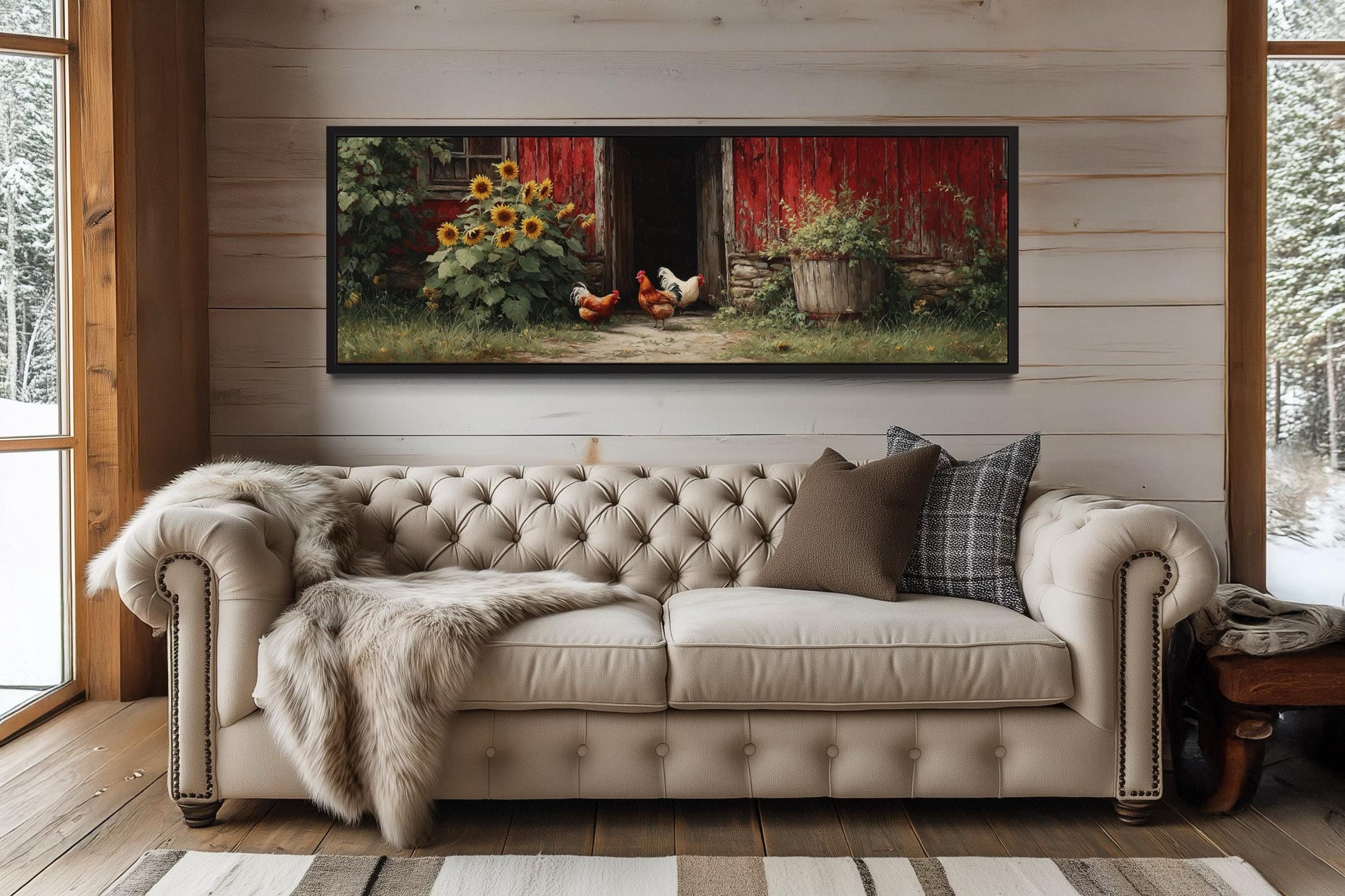 Chickens And Rooster Canvas Print with Sunflowers - Rustic Farmhouse Wall Art Decor