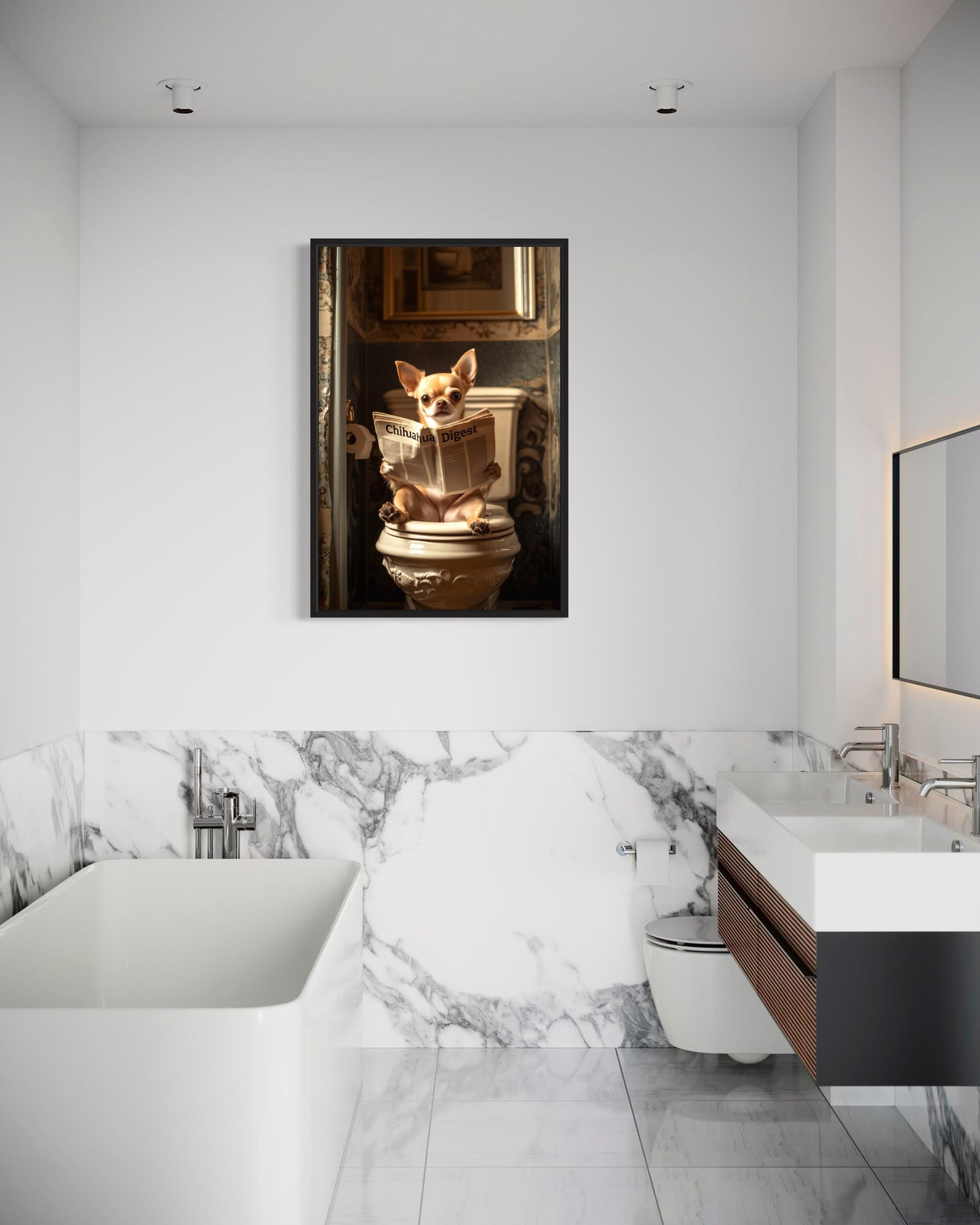 Chihuahua On The Toilet Reading Newspaper Picture Canvas Wall Art
