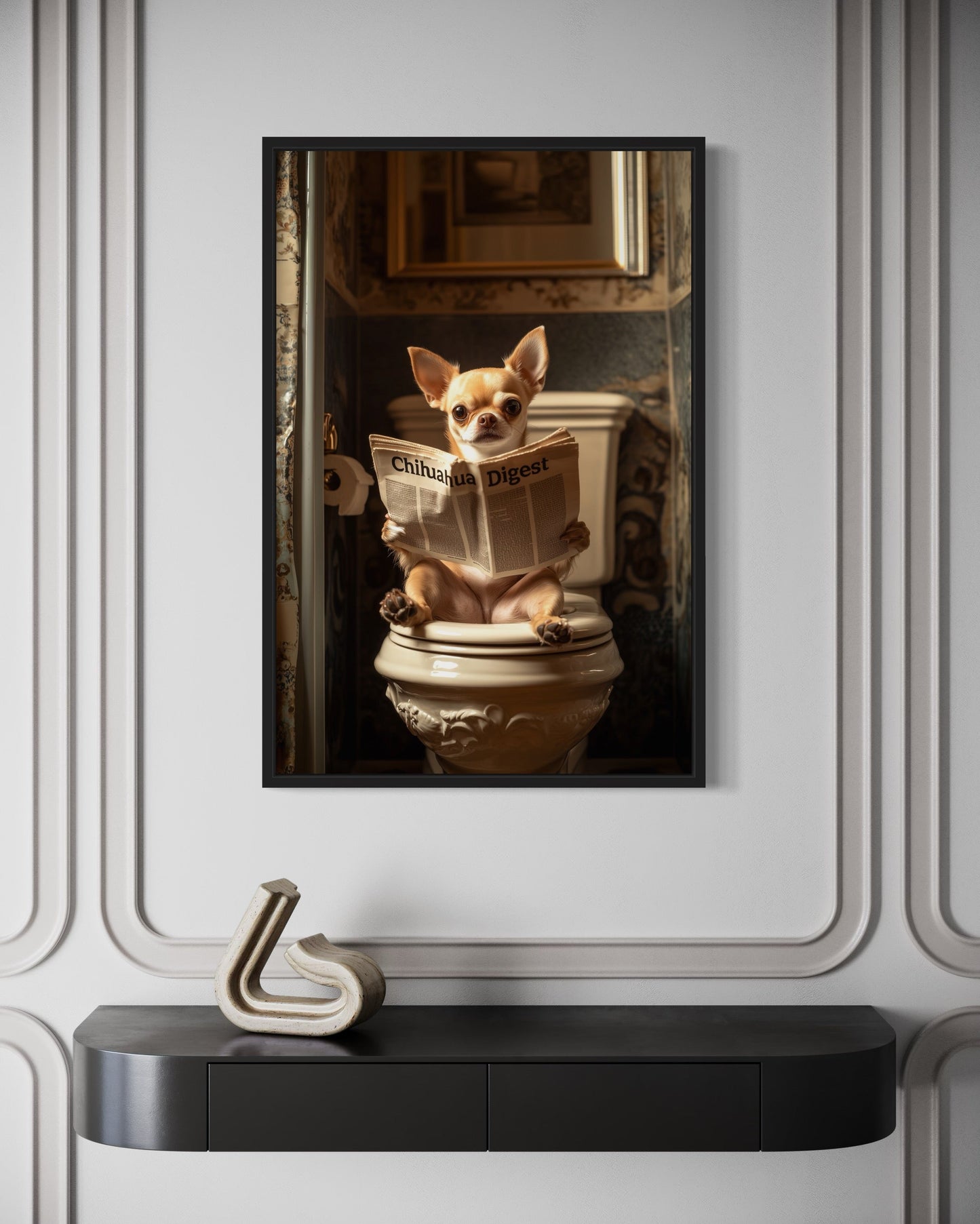 Chihuahua On The Toilet Reading Newspaper Picture Canvas Wall Art