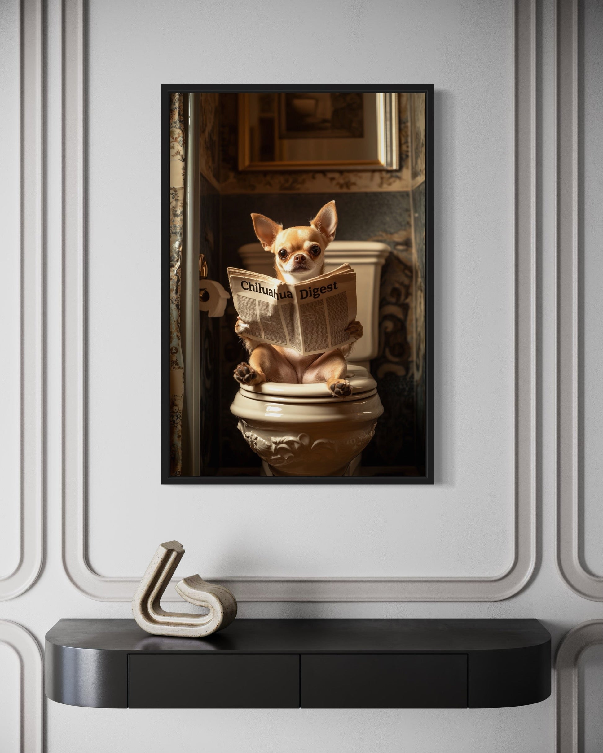 Chihuahua On The Toilet Reading Newspaper Picture Canvas Wall Art