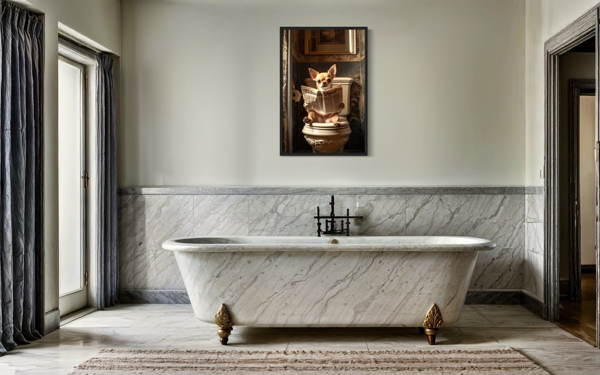 Chihuahua On The Toilet Reading Newspaper Picture Canvas Wall Art