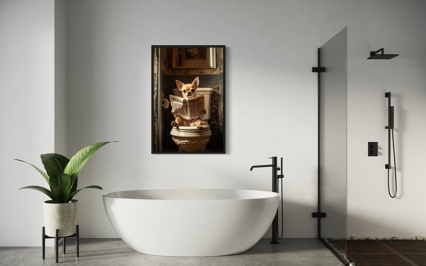 Chihuahua On The Toilet Reading Newspaper Picture Canvas Wall Art