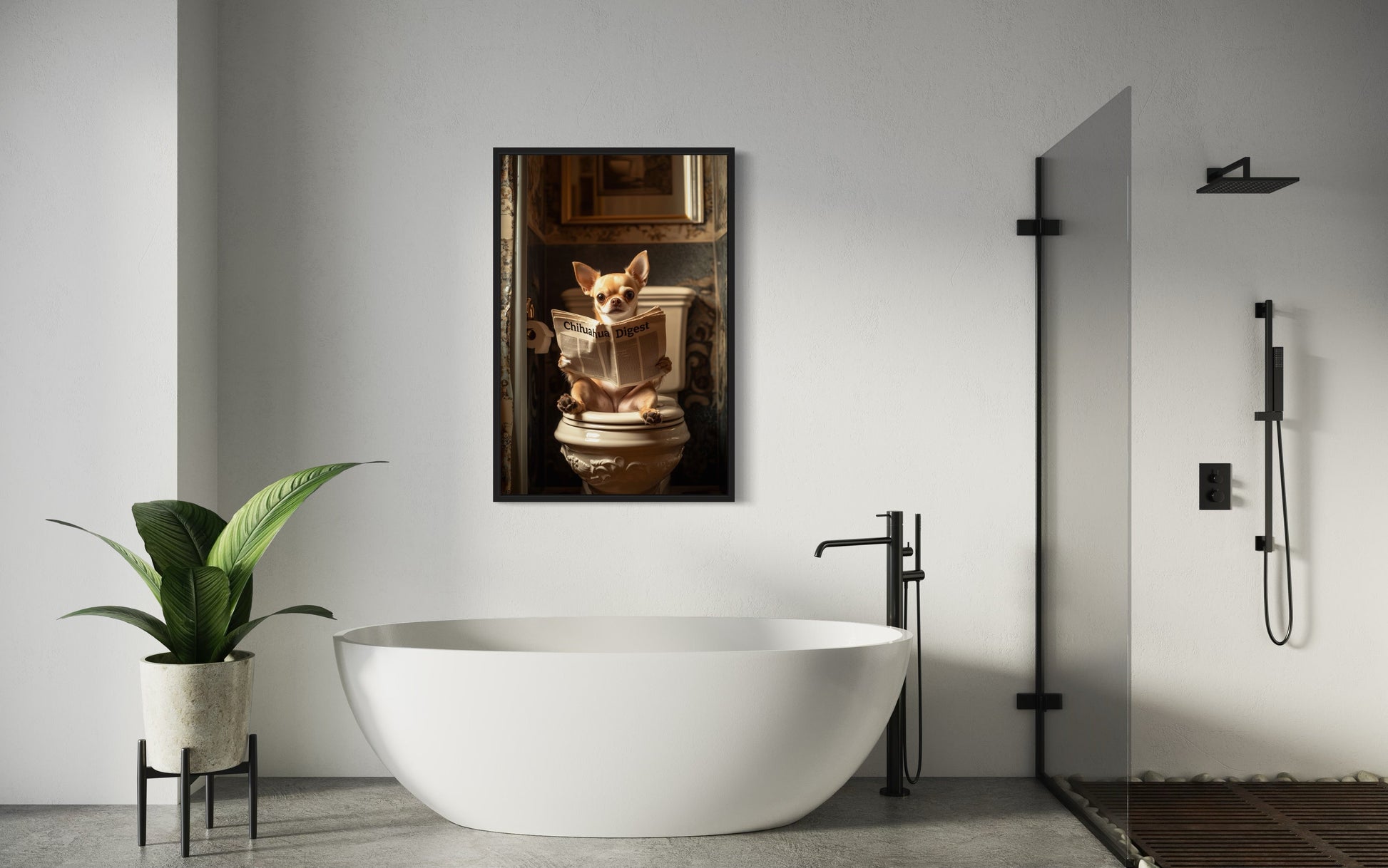 Chihuahua On The Toilet Reading Newspaper Picture Canvas Wall Art