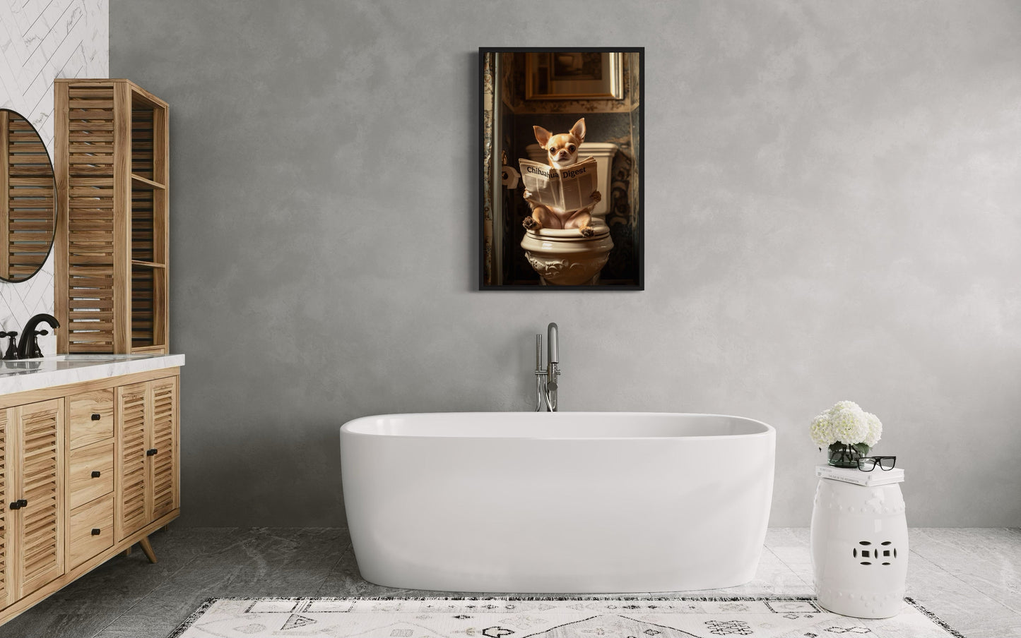 Chihuahua On The Toilet Reading Newspaper Picture Canvas Wall Art