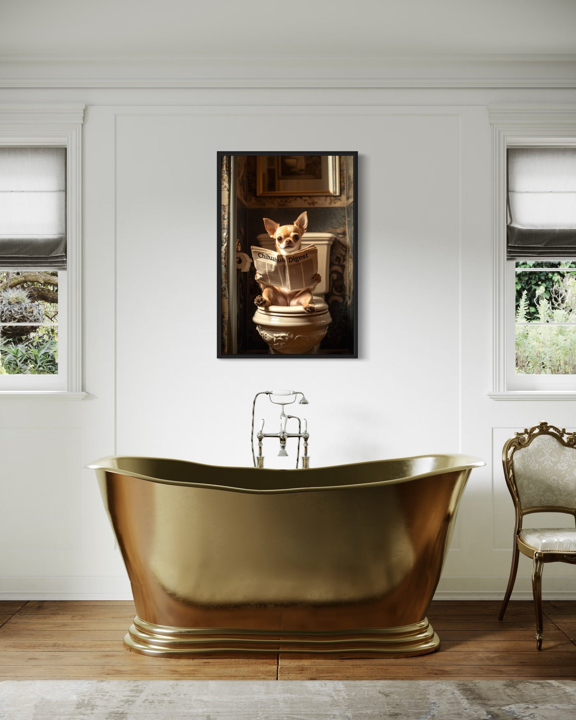 Chihuahua On The Toilet Reading Newspaper Picture Canvas Wall Art