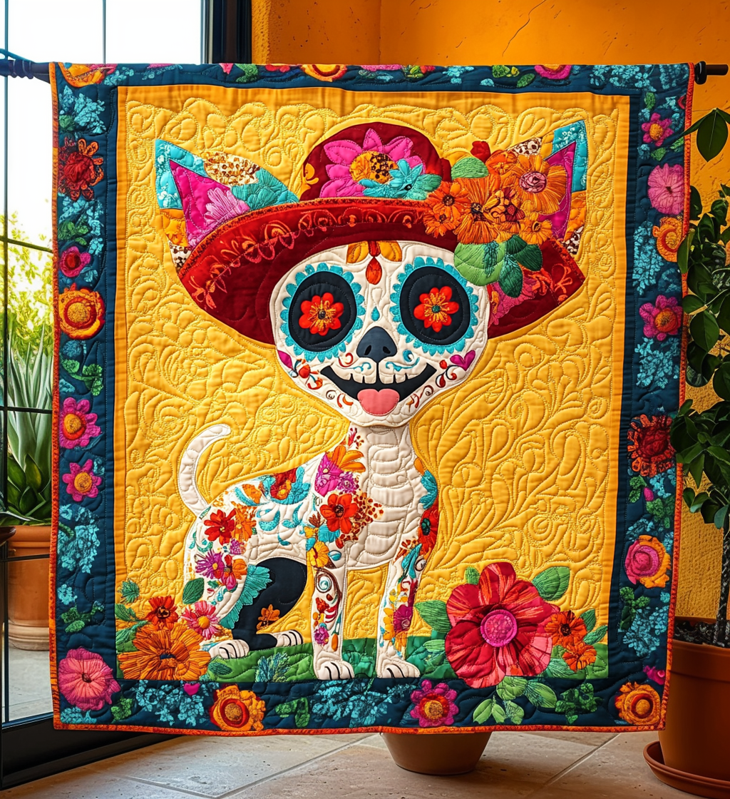 Chihuahua Dia De Los Muertos Quilted Blanket - Throw (55" x 60")