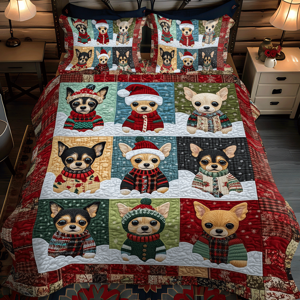 Chihuahua Santa Squad 3-Piece Quilted Bedding Set - Single (59" x 70")