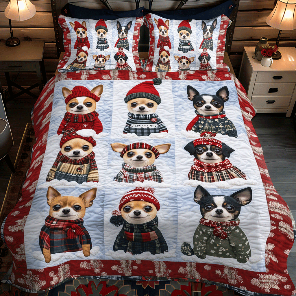 Chihuahua Winter Bliss 3-Piece Quilted Bedding Set - Single (59" x 70")