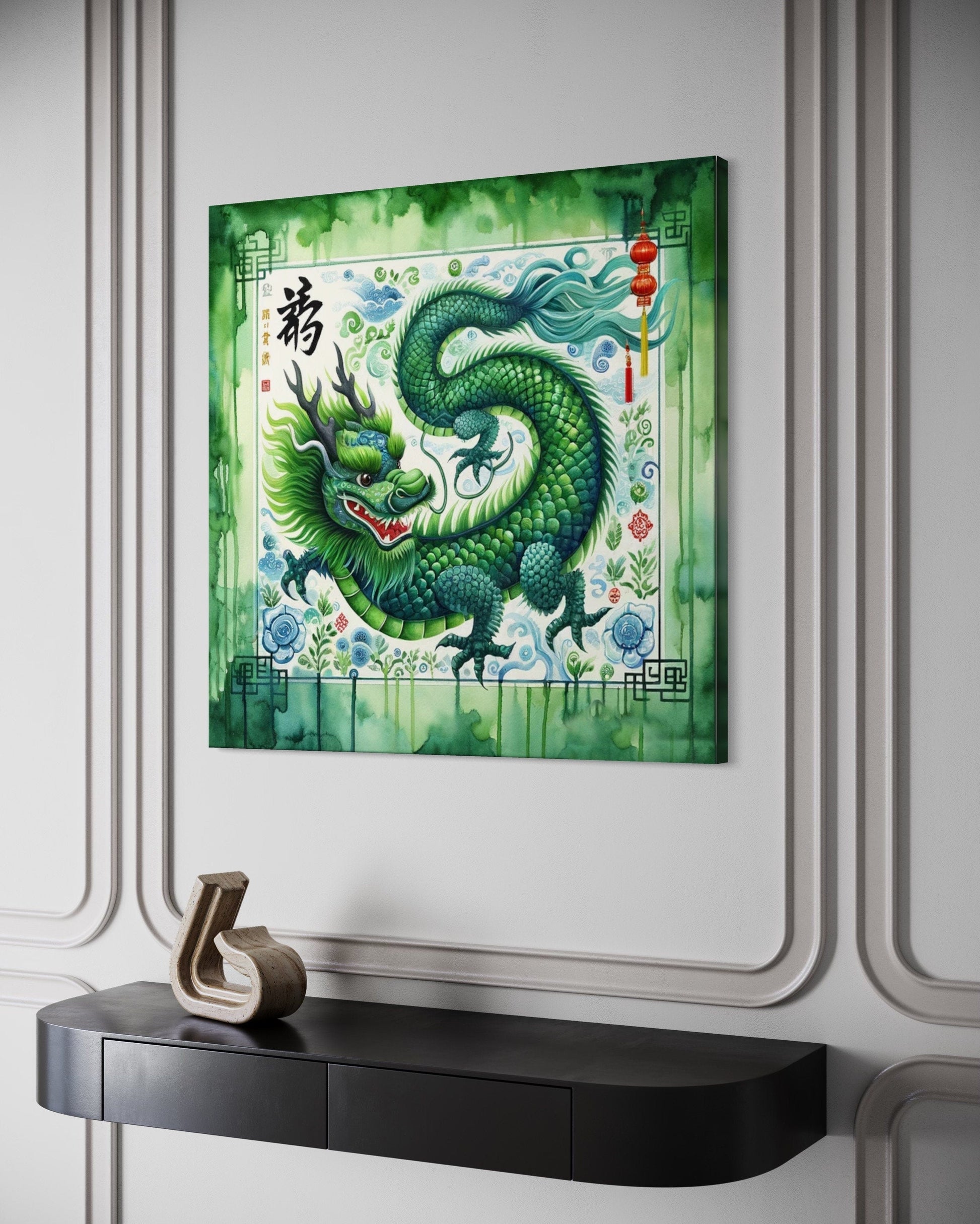 Chinese Green Dragon Framed Canvas Wall Art
