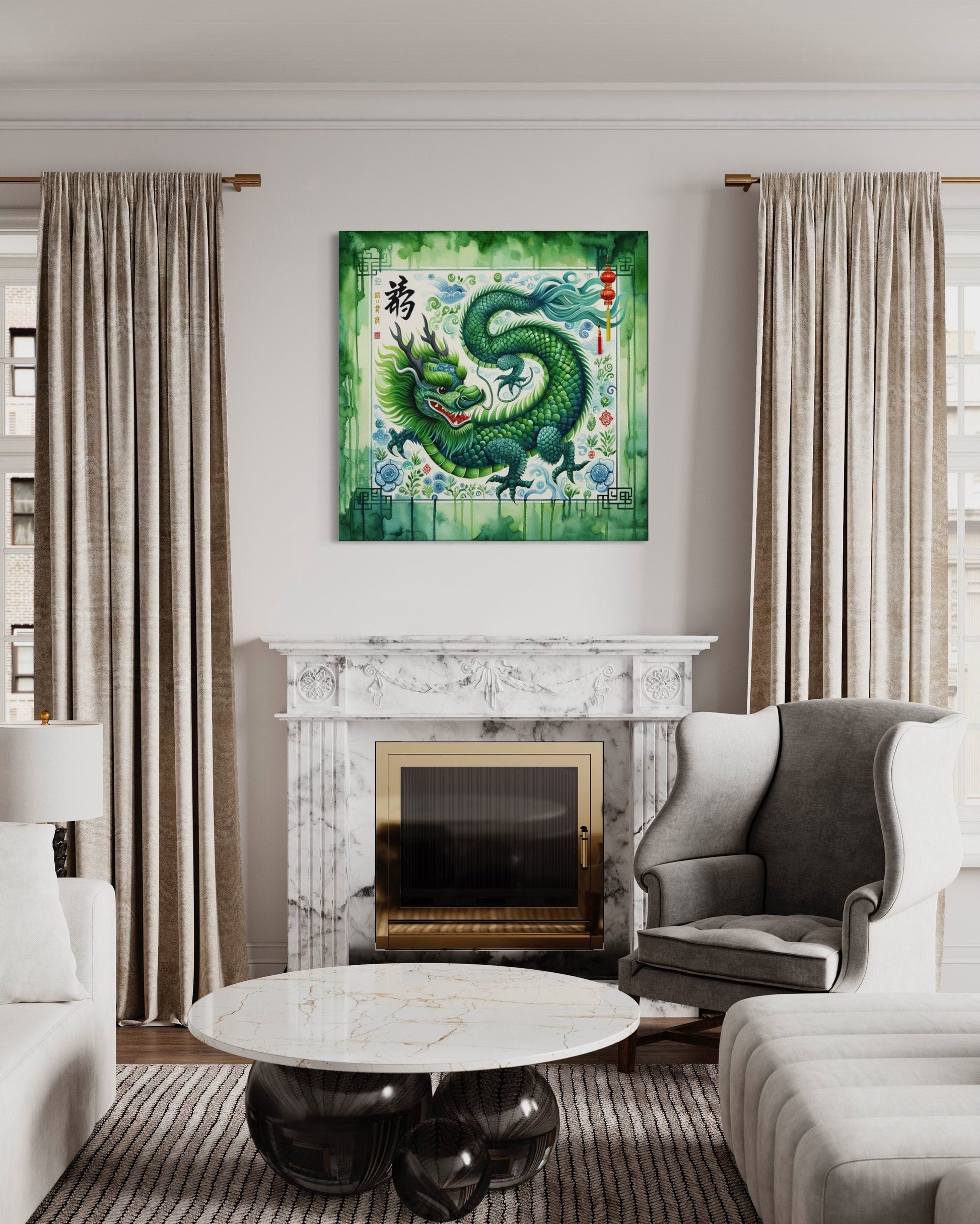Chinese Green Dragon Framed Canvas Wall Art