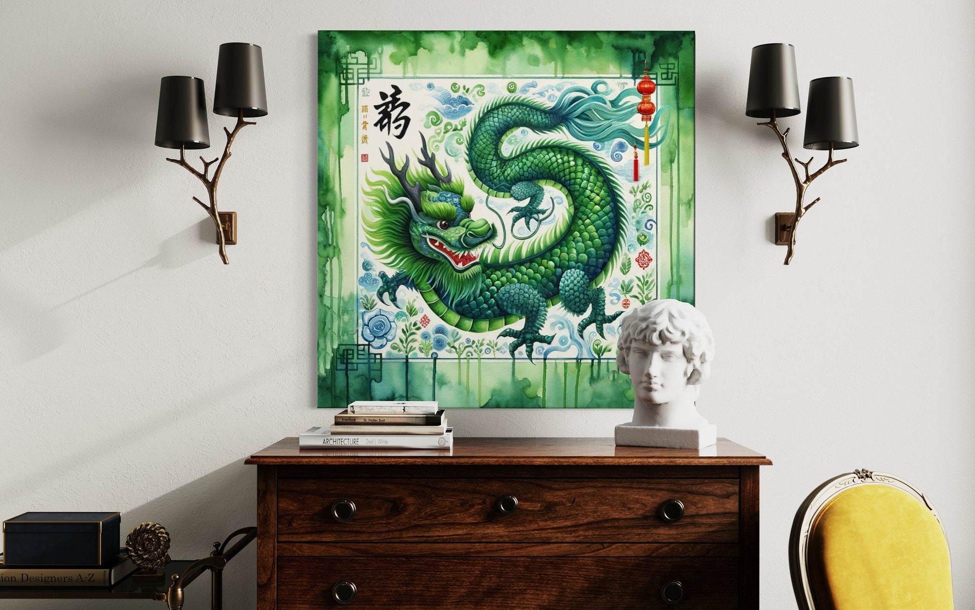 Chinese Green Dragon Framed Canvas Wall Art