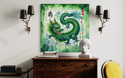 Chinese Green Dragon Framed Canvas Wall Art