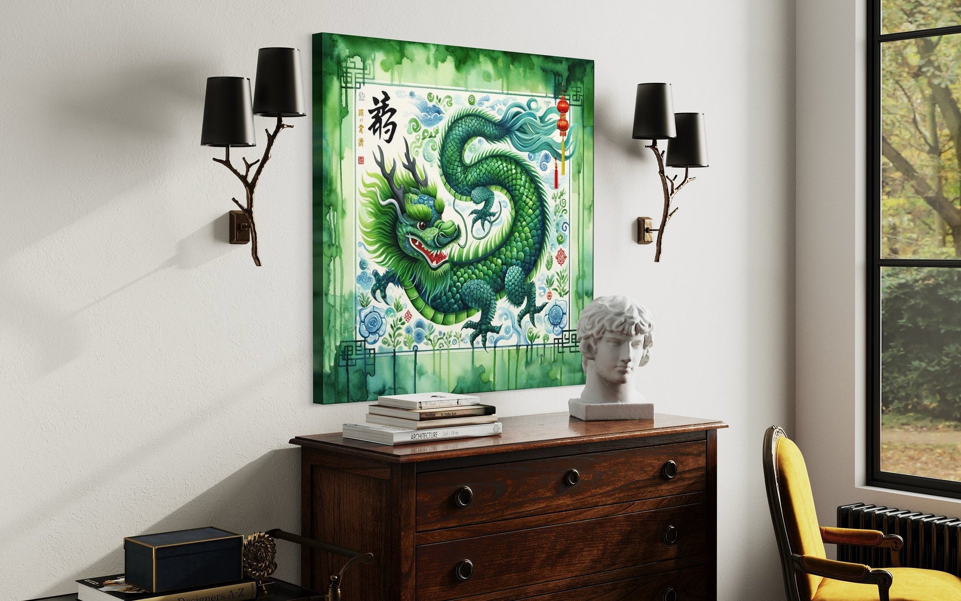 Chinese Green Dragon Framed Canvas Wall Art