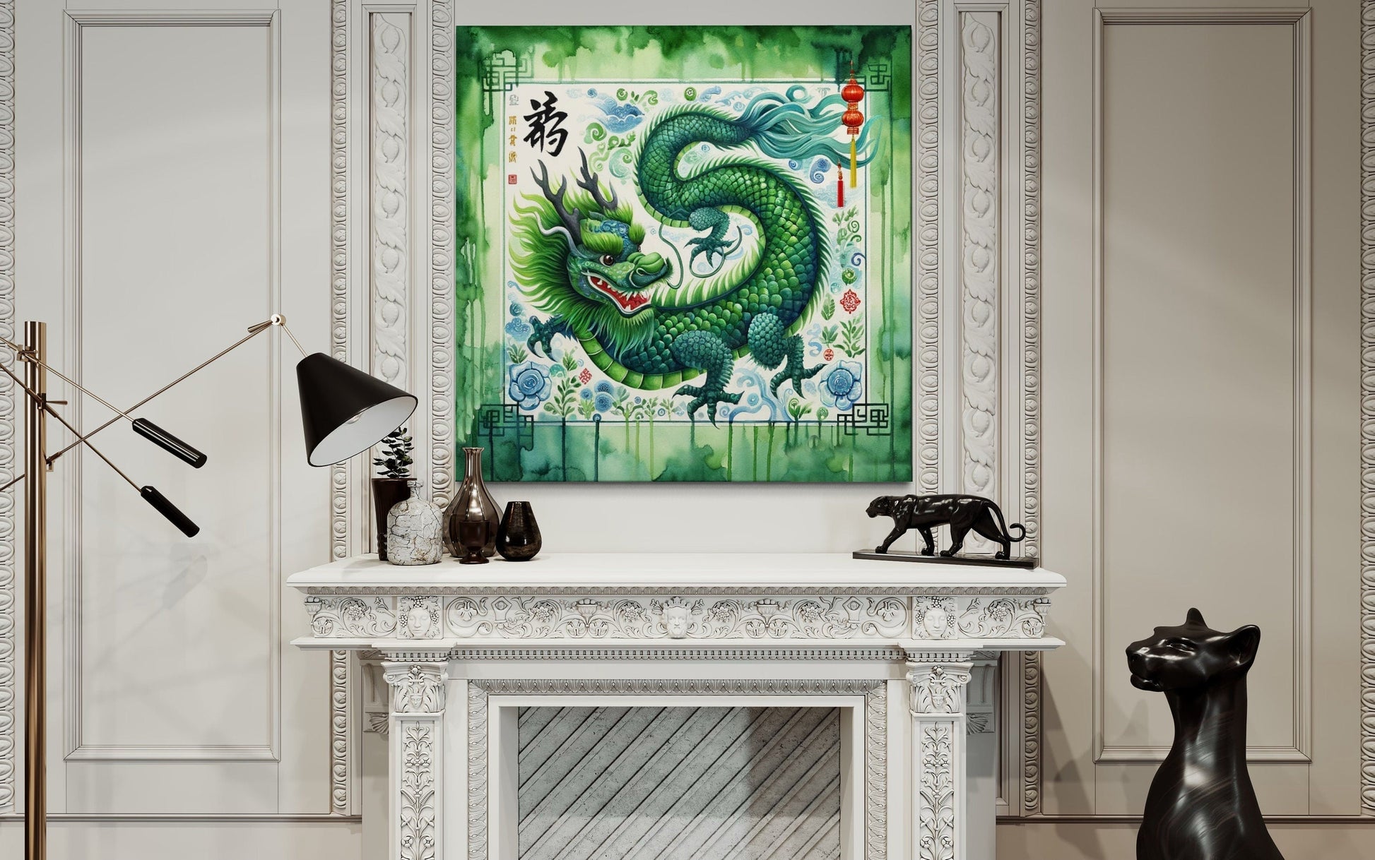 Chinese Green Dragon Framed Canvas Wall Art