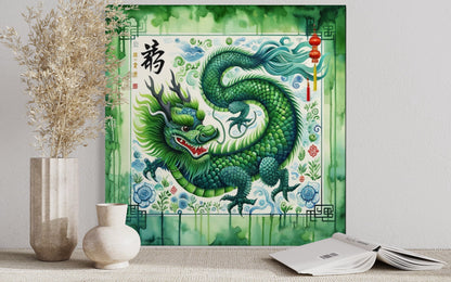 Chinese Green Dragon Framed Canvas Wall Art