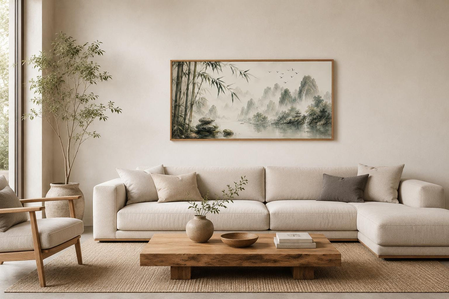 Chinese Landscape Wall Art – Bamboo Misty Mountain Canvas Print | Zen Sage Green Decor