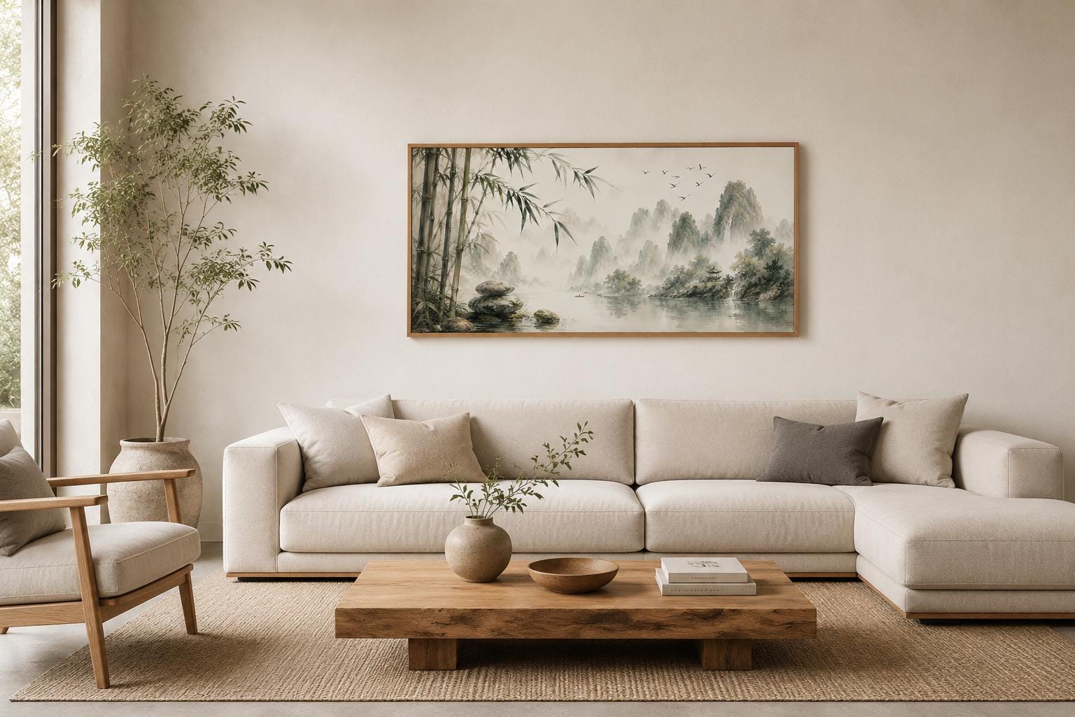 Chinese Landscape Wall Art – Bamboo Misty Mountain Canvas Print | Zen Sage Green Decor