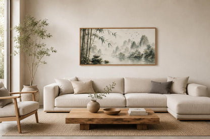 Chinese Landscape Wall Art – Bamboo Misty Mountain Canvas Print | Zen Sage Green Decor