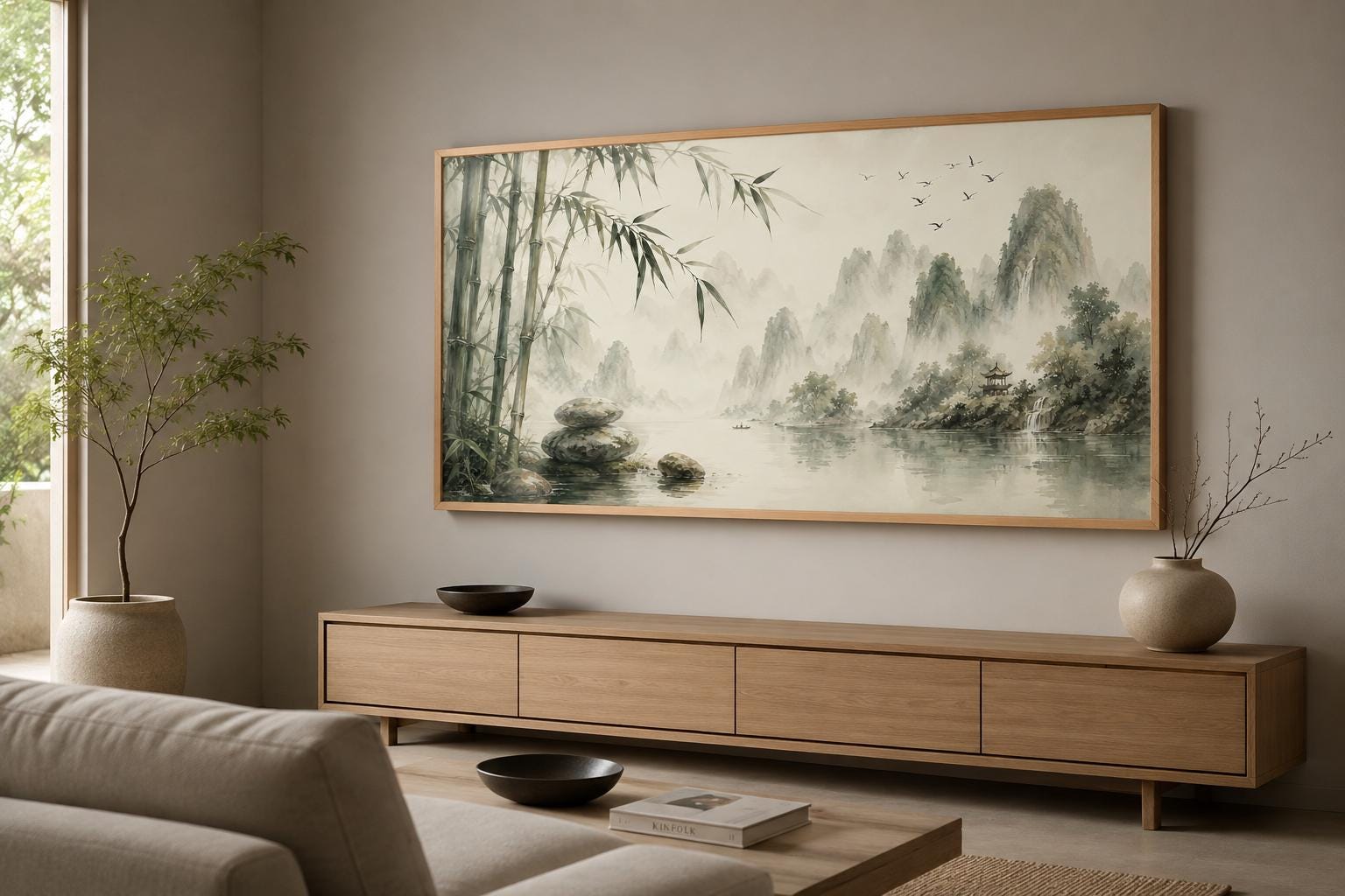 Chinese Landscape Wall Art – Bamboo Misty Mountain Canvas Print | Zen Sage Green Decor