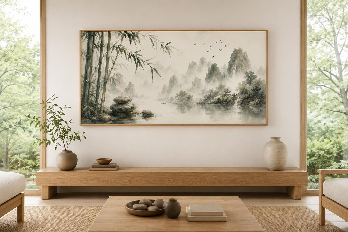 Chinese Landscape Wall Art – Bamboo Misty Mountain Canvas Print | Zen Sage Green Decor