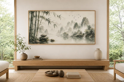 Chinese Landscape Wall Art – Bamboo Misty Mountain Canvas Print | Zen Sage Green Decor