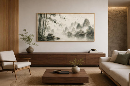 Chinese Landscape Wall Art – Bamboo Misty Mountain Canvas Print | Zen Sage Green Decor