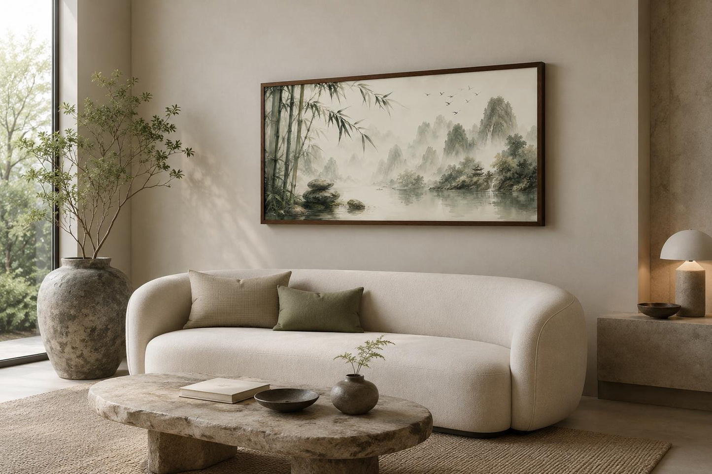 Chinese Landscape Wall Art – Bamboo Misty Mountain Canvas Print | Zen Sage Green Decor