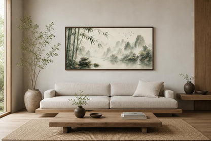 Chinese Landscape Wall Art – Bamboo Misty Mountain Canvas Print | Zen Sage Green Decor
