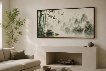 Chinese Landscape Wall Art – Bamboo Misty Mountain Canvas Print | Zen Sage Green Decor