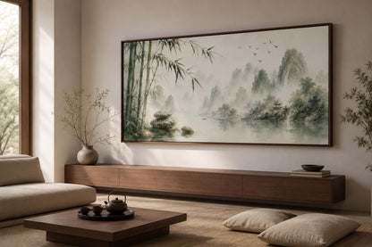 Chinese Landscape Wall Art – Bamboo Misty Mountain Canvas Print | Zen Sage Green Decor