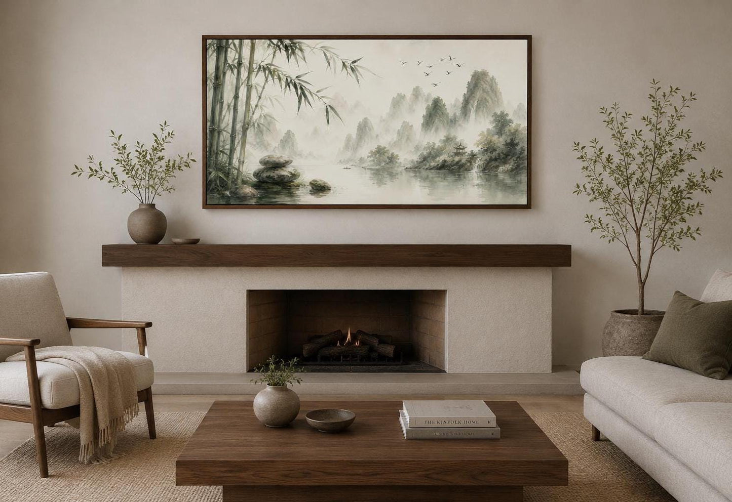Chinese Landscape Wall Art – Bamboo Misty Mountain Canvas Print | Zen Sage Green Decor