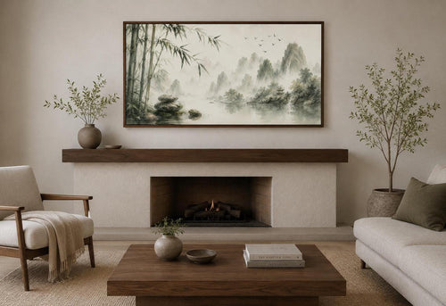 Chinese Landscape Wall Art – Bamboo Misty Mountain Canvas Print | Zen Sage Green Decor
