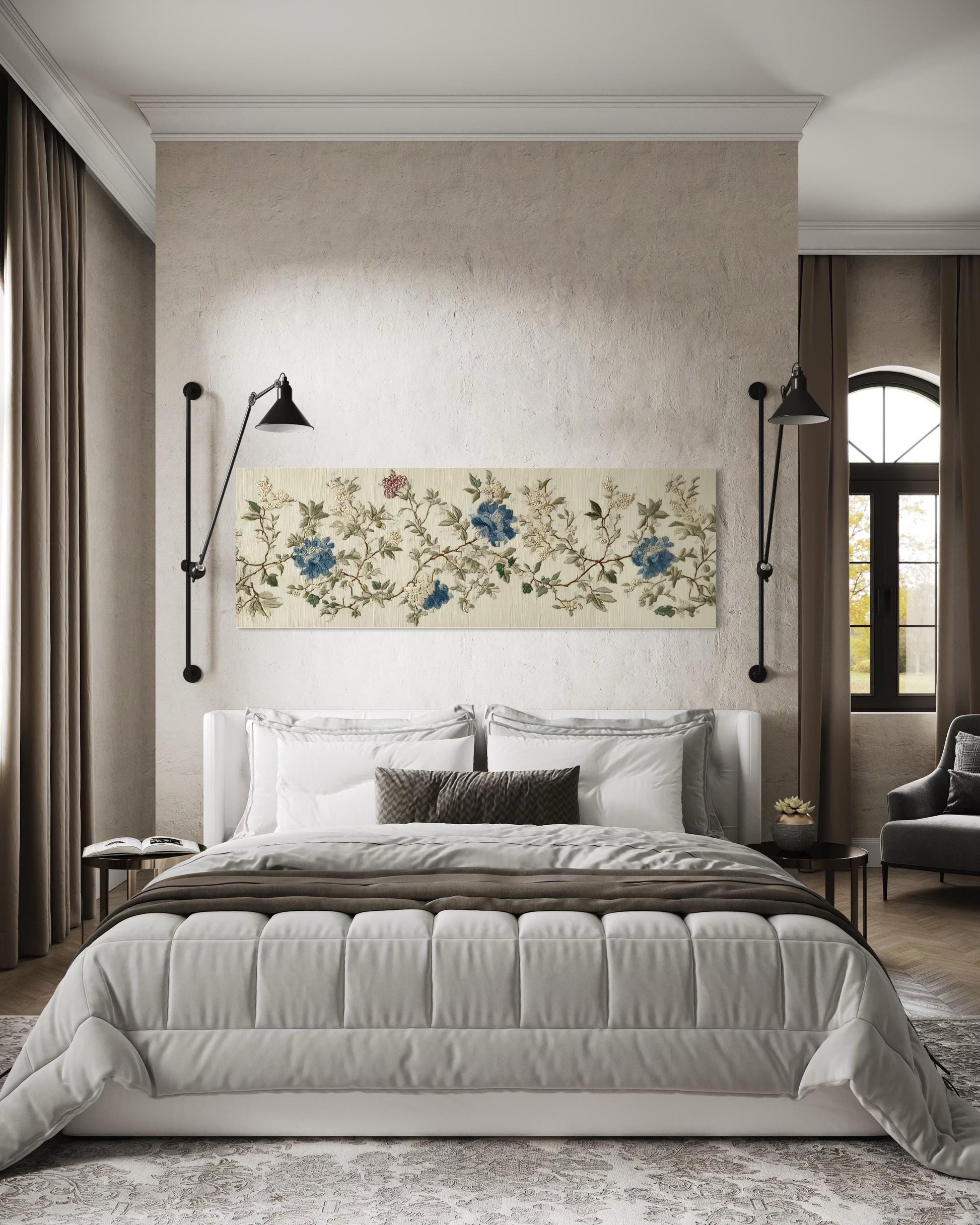 Chinoiserie Floral Botanical Blue Beige Long Horizontal Bedroom Wall Art