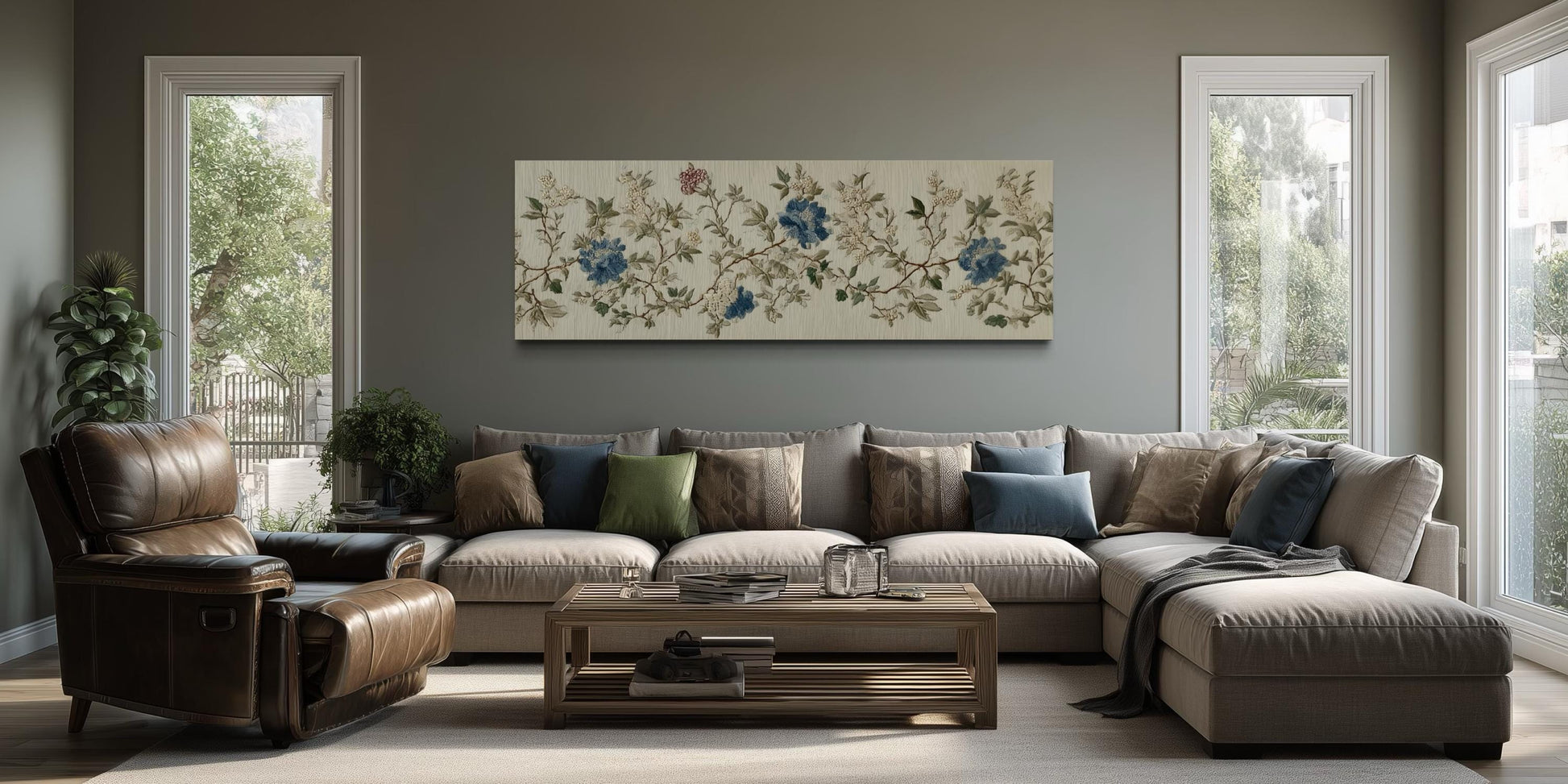 Chinoiserie Floral Botanical Blue Beige Long Horizontal Bedroom Wall Art