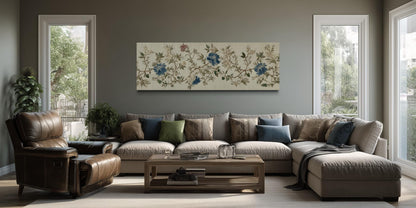 Chinoiserie Floral Botanical Blue Beige Long Horizontal Bedroom Wall Art