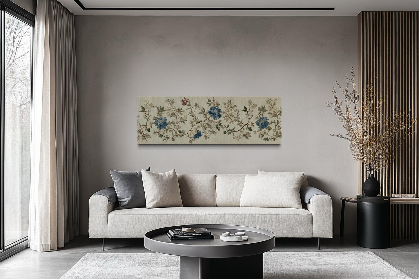 Chinoiserie Floral Botanical Blue Beige Long Horizontal Bedroom Wall Art