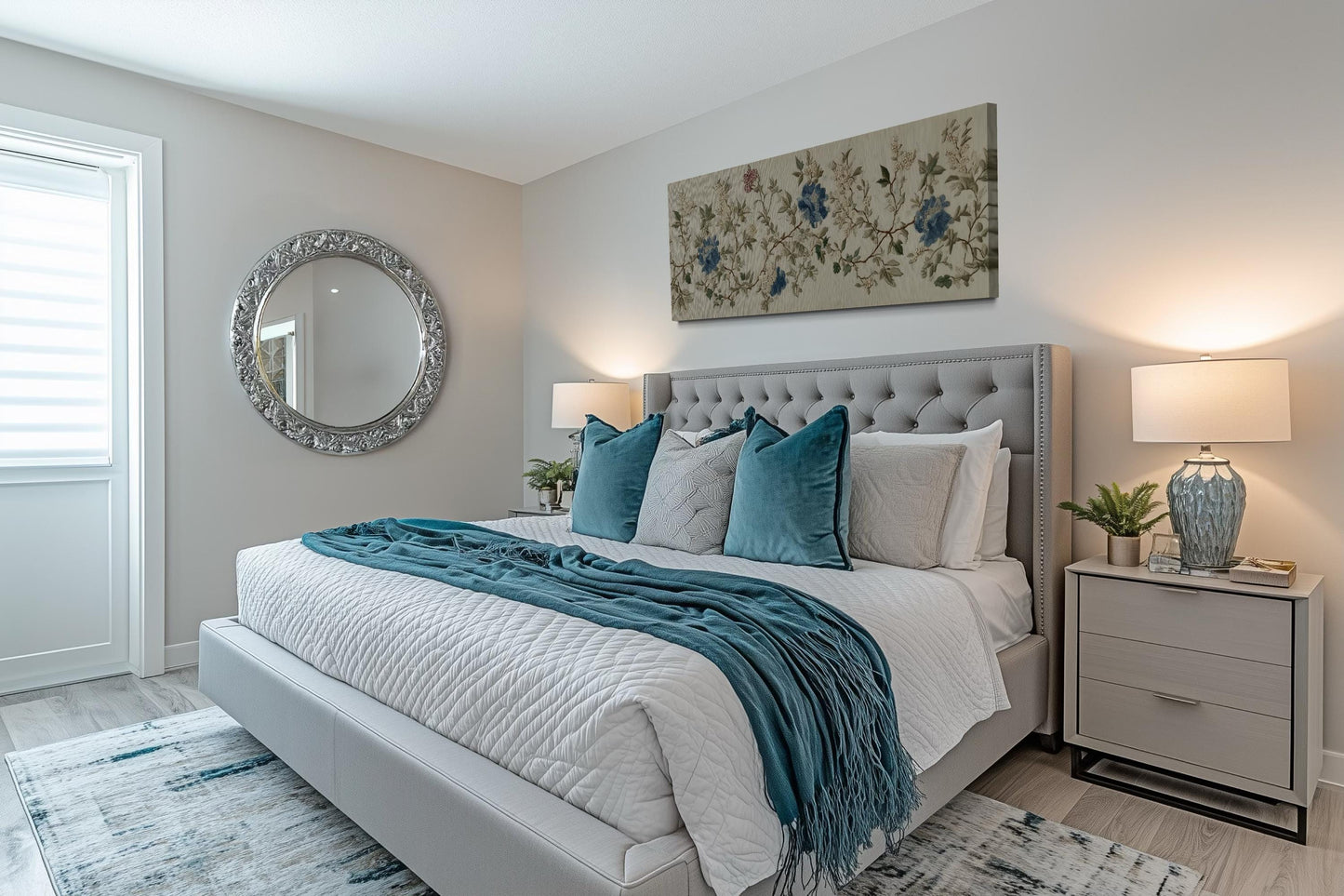 Chinoiserie Floral Botanical Blue Beige Long Horizontal Bedroom Wall Art