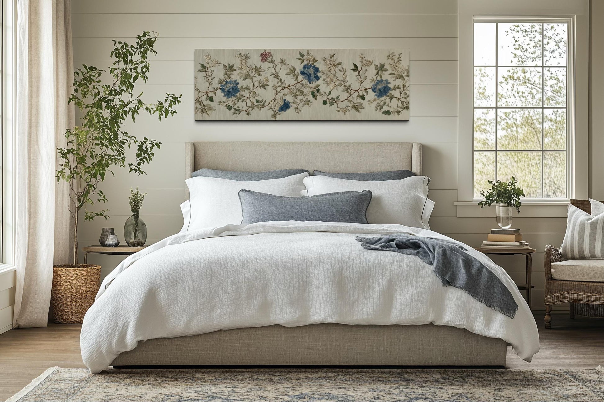 Chinoiserie Floral Botanical Blue Beige Long Horizontal Bedroom Wall Art