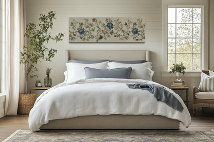 Chinoiserie Floral Botanical Blue Beige Long Horizontal Bedroom Wall Art