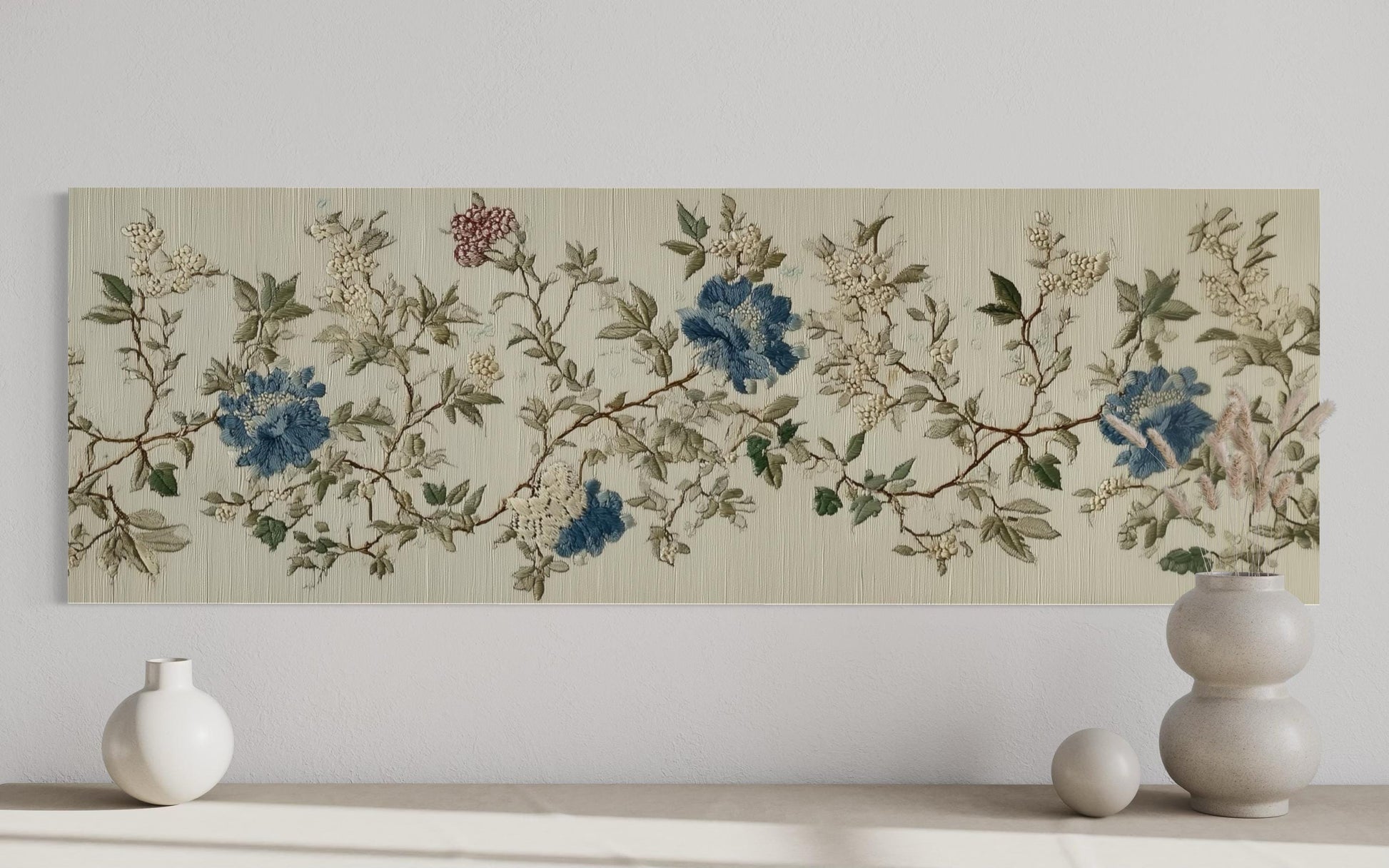 Chinoiserie Floral Botanical Blue Beige Long Horizontal Bedroom Wall Art