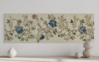 Chinoiserie Floral Botanical Blue Beige Long Horizontal Bedroom Wall Art