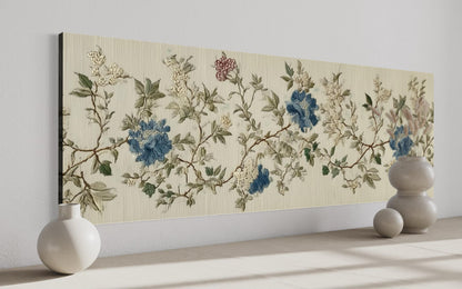 Chinoiserie Floral Botanical Blue Beige Long Horizontal Bedroom Wall Art