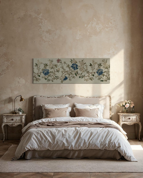 Chinoiserie Floral Botanical Blue Beige Long Horizontal Bedroom Wall Art