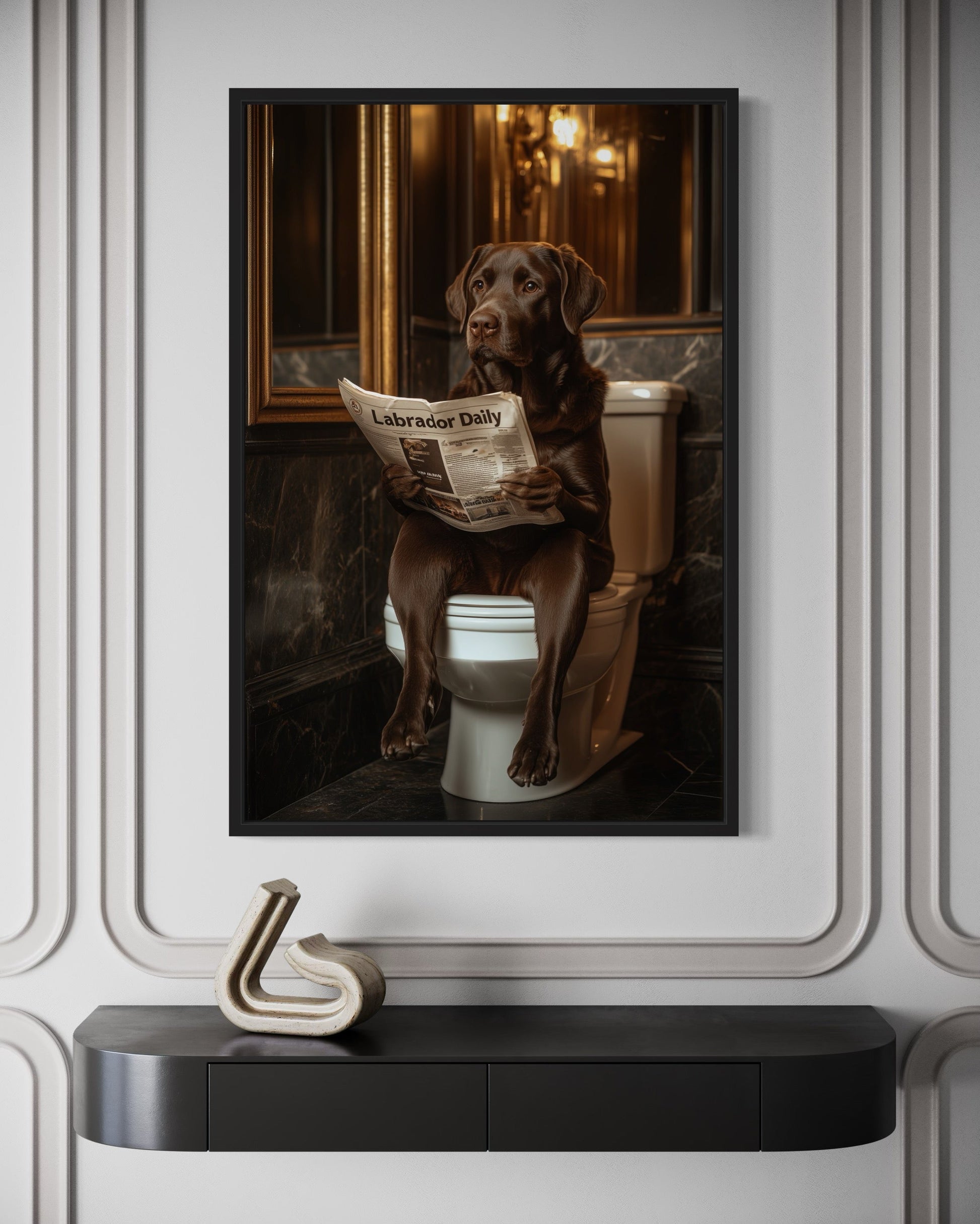Chocolate Brown Labrador Retriever On Toilet Reading Newspaper Picture Canvas Wall Art